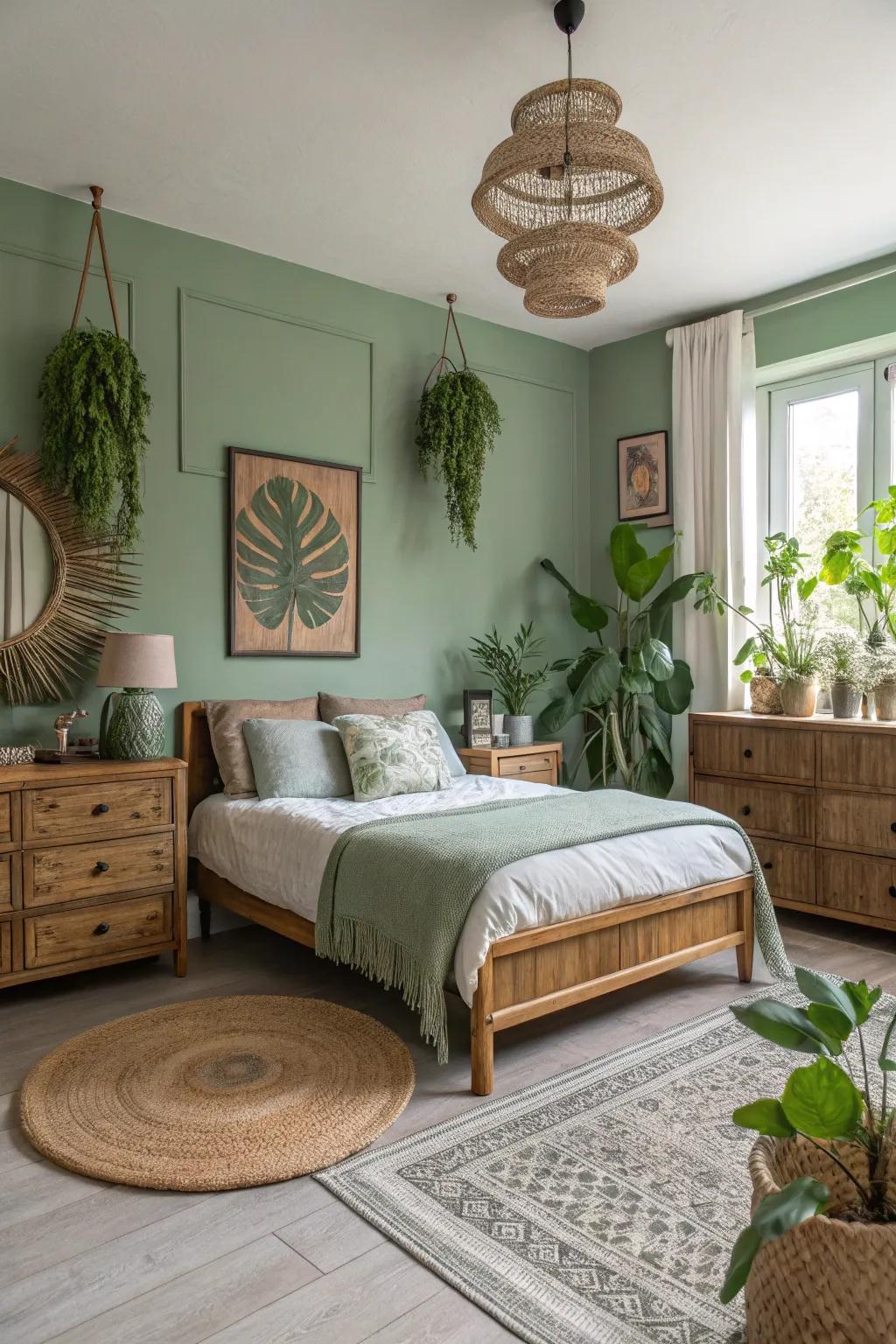 A peaceful bedroom with moss tone walls, offering a subtle connection to nature.