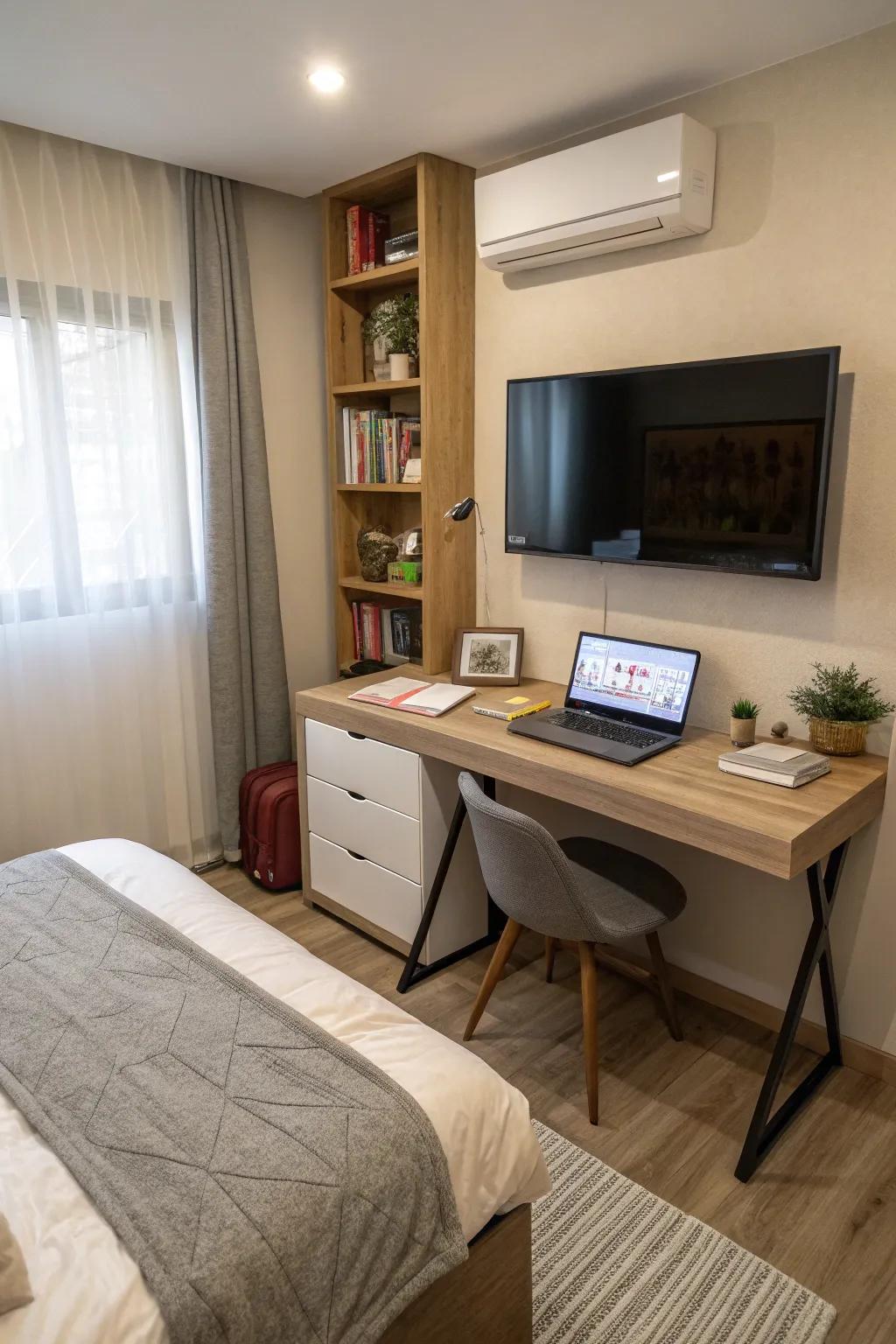 A petite workspace enhances functionality in your bedroom's TV space.