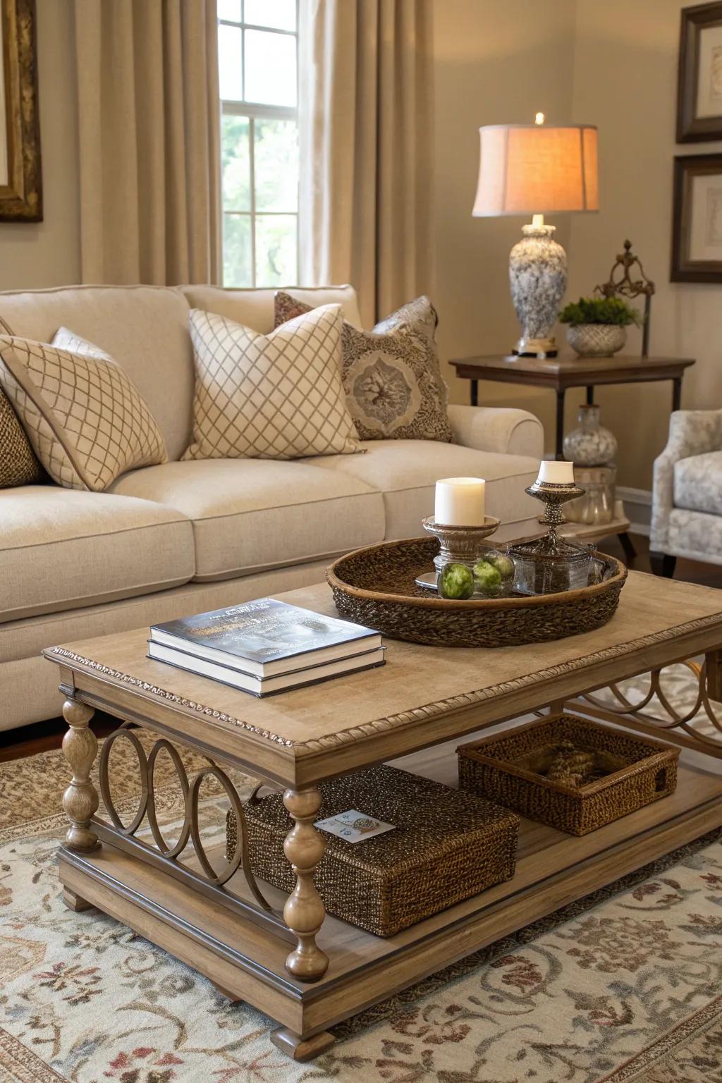 A striking center table goes well with a wheat-toned sofa in a stylish living space.