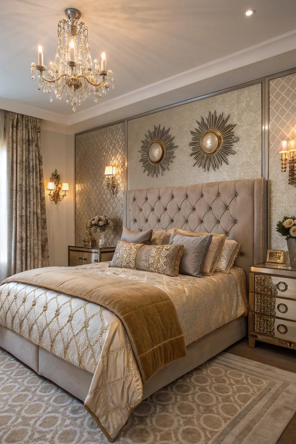 A luxurious bedroom with a touch of glamour through metallic accents.