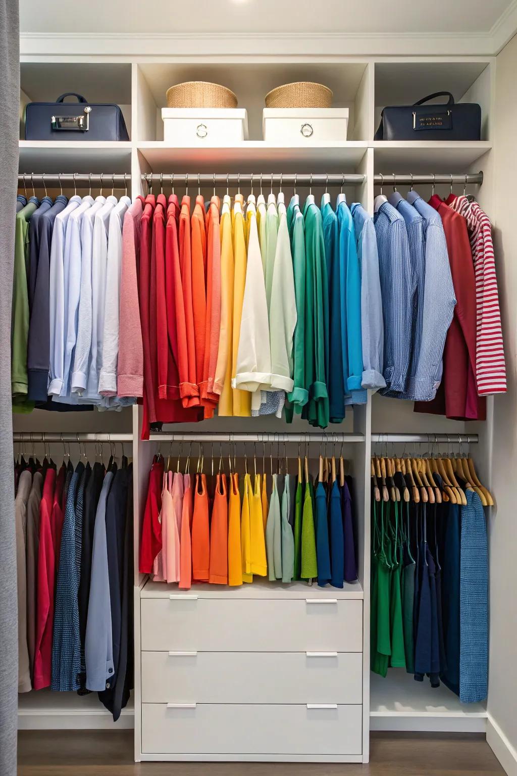 A closet with a color-coded clothing system for easy organization.