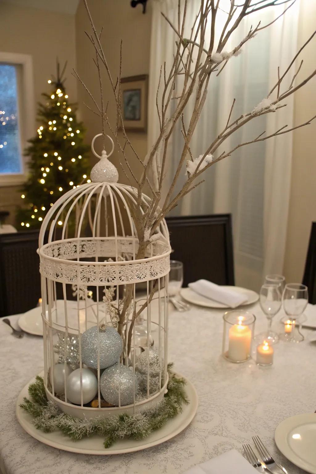 A winter wonderland cage centerpiece accentuated by festive d&eacute;cor.