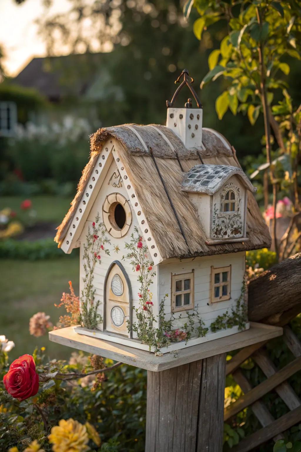 Step into a storybook world with this enchanting fairy tale cottage birdhouse.