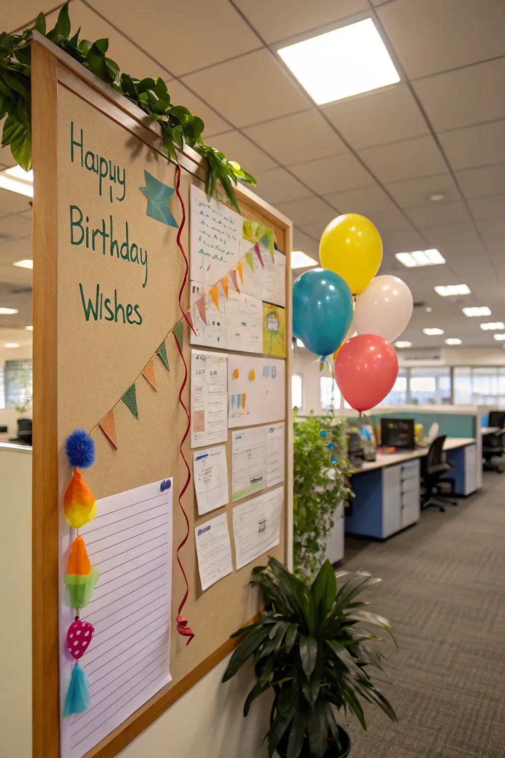 Birthday wishes board fosters camaraderie.