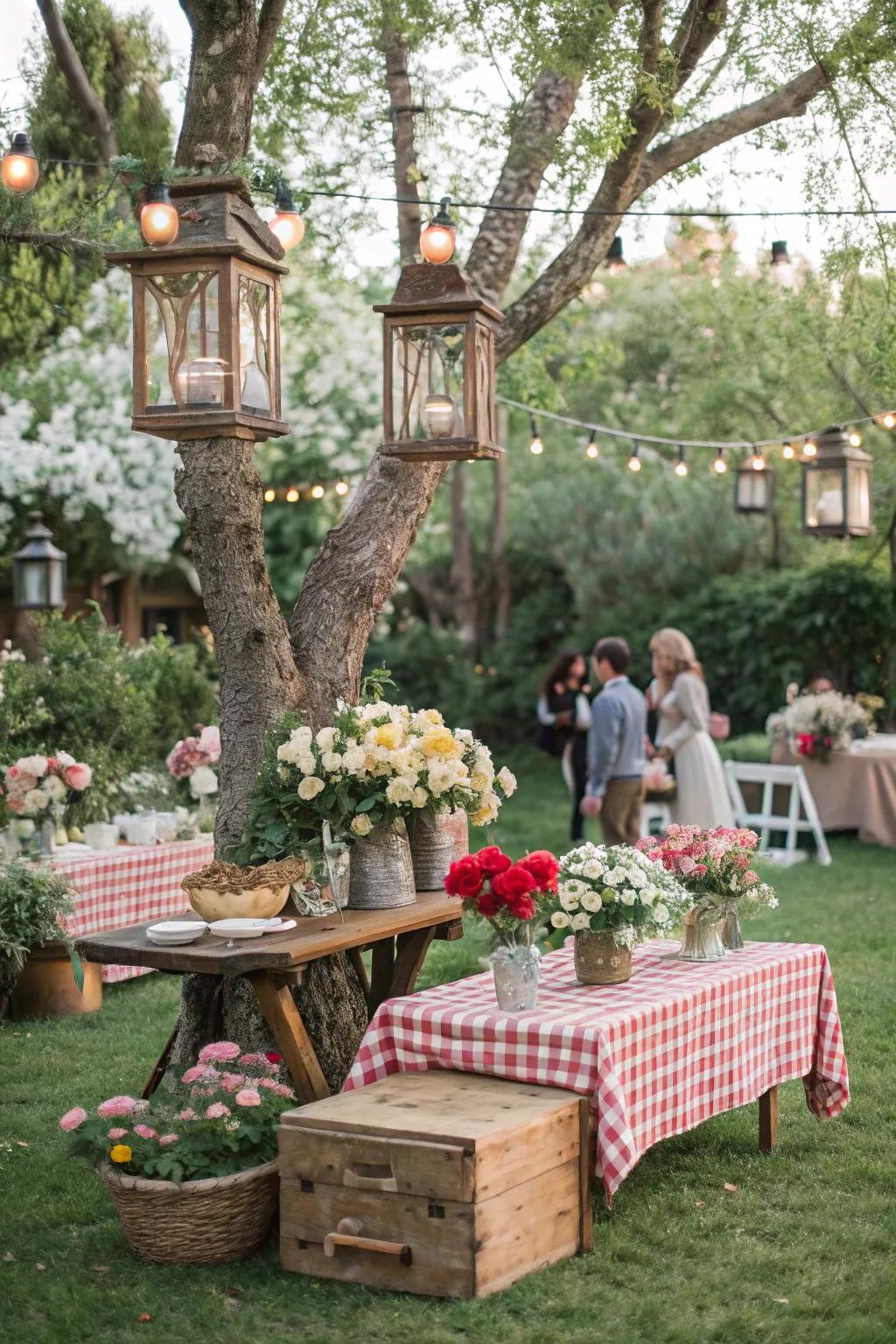 A calm garden celebration arrangement featuring nature-inspired decor and vibrant flowers.