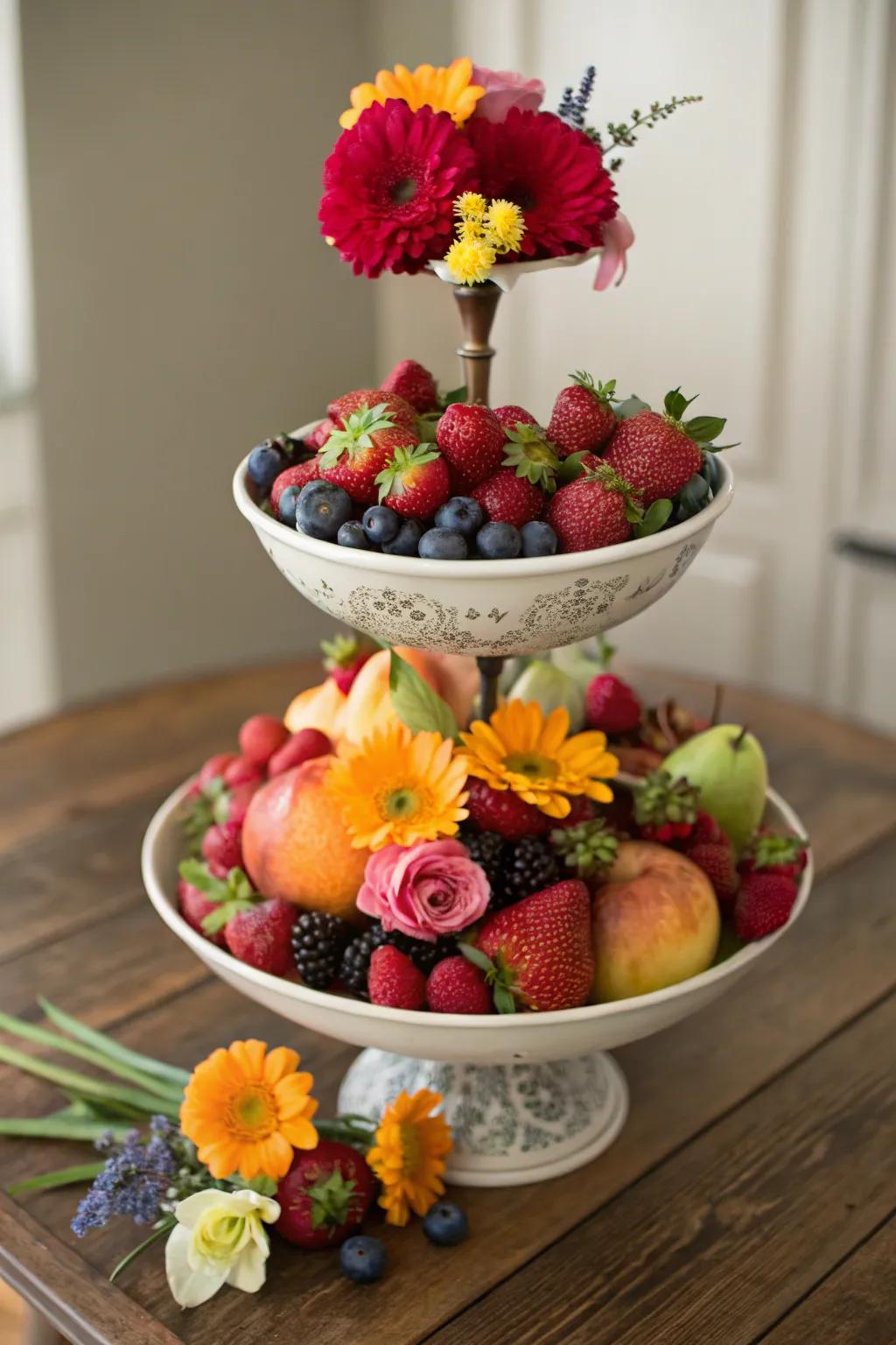 A tiered bowl display introduces stature and a vibrant explosion of color.