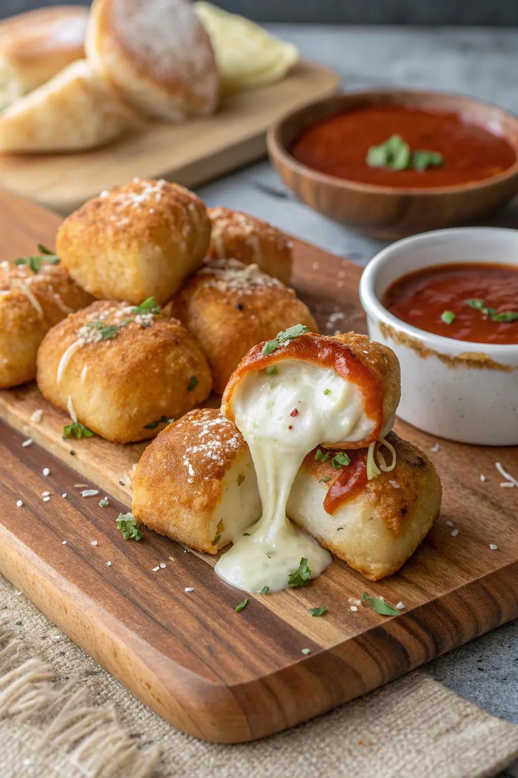 Warm mozzarella-stuffed pretzel bites, a cheesy delight.