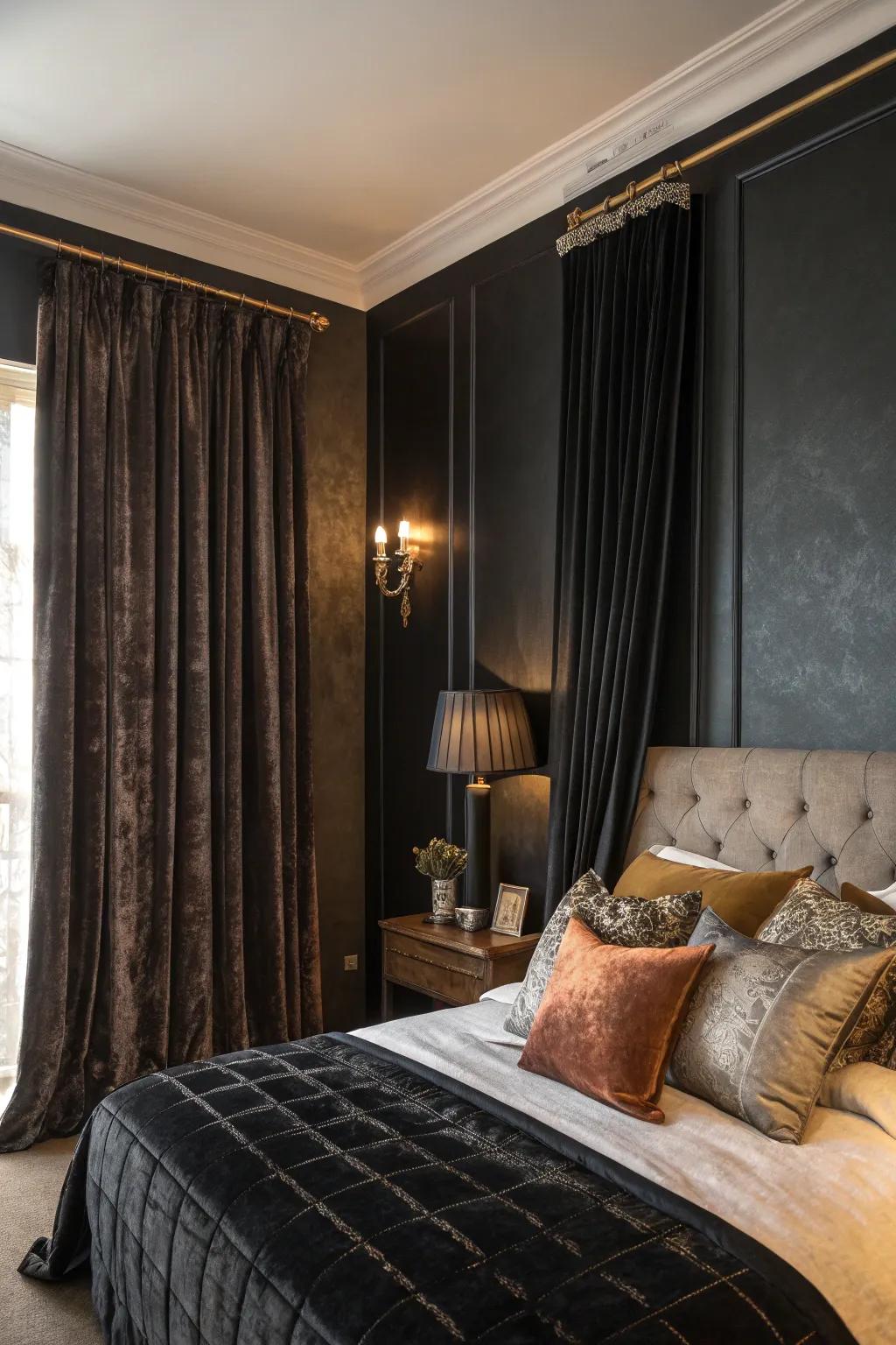 Deluxe fabrics impart opulence to a black statement wall within this bedroom.