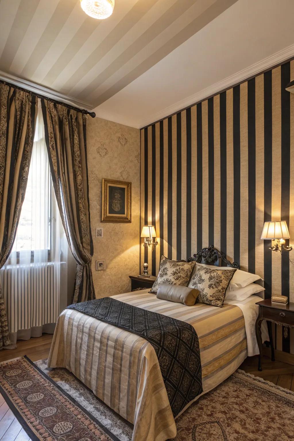 Stripes in charcoal and cream design create a dynamic yet elegant look.