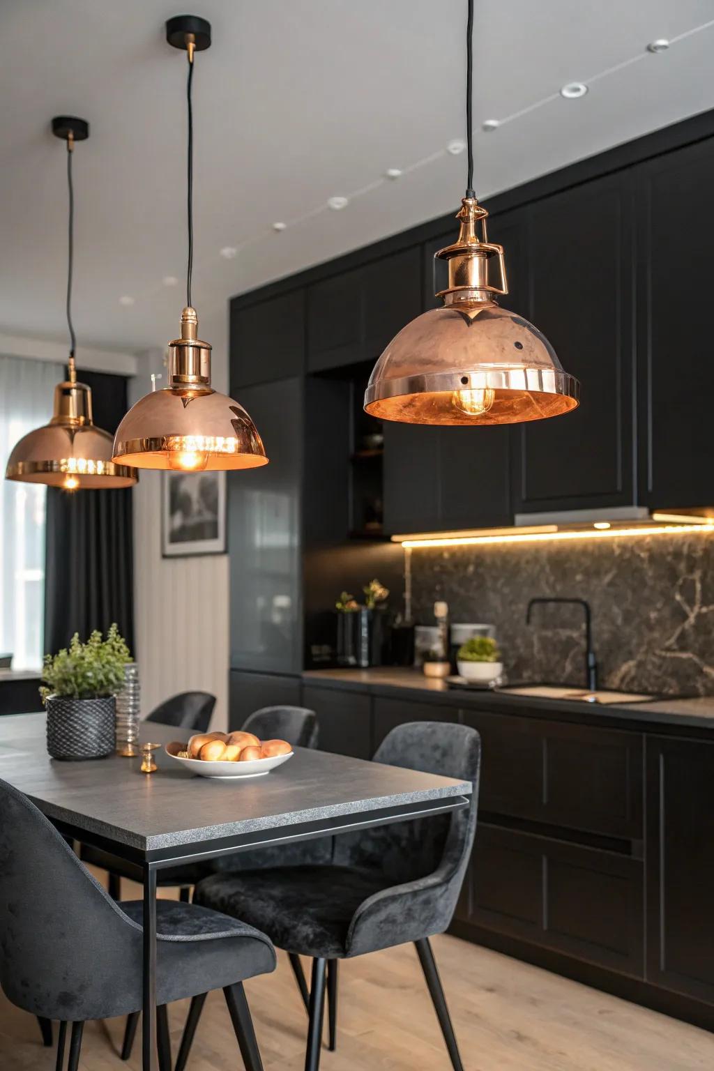 Copper lighting fixtures bestow a warm, inviting radiance upon a black kitchen.