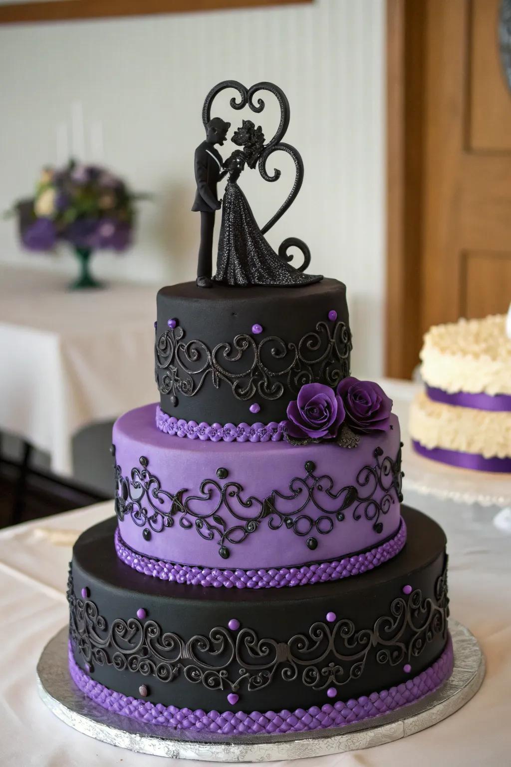 A unique cake decoration with a dark and purple theme.