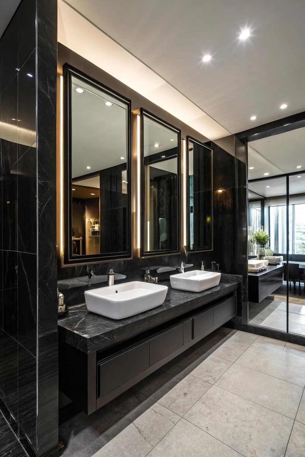 Reflections enhance brightness and space in ebony bathrooms.