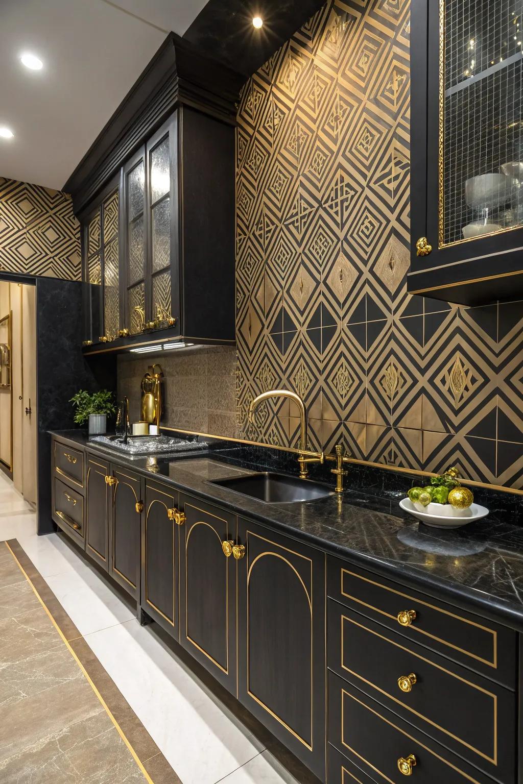 Art Deco style with dark-toned countertops and gilded accents.