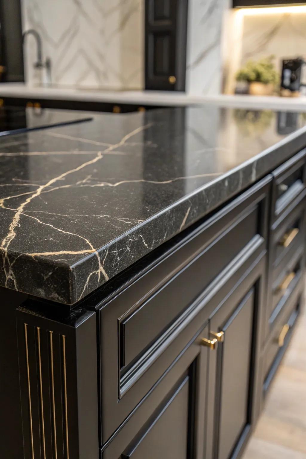 Delicate veining introduces elegance to ebony countertops.