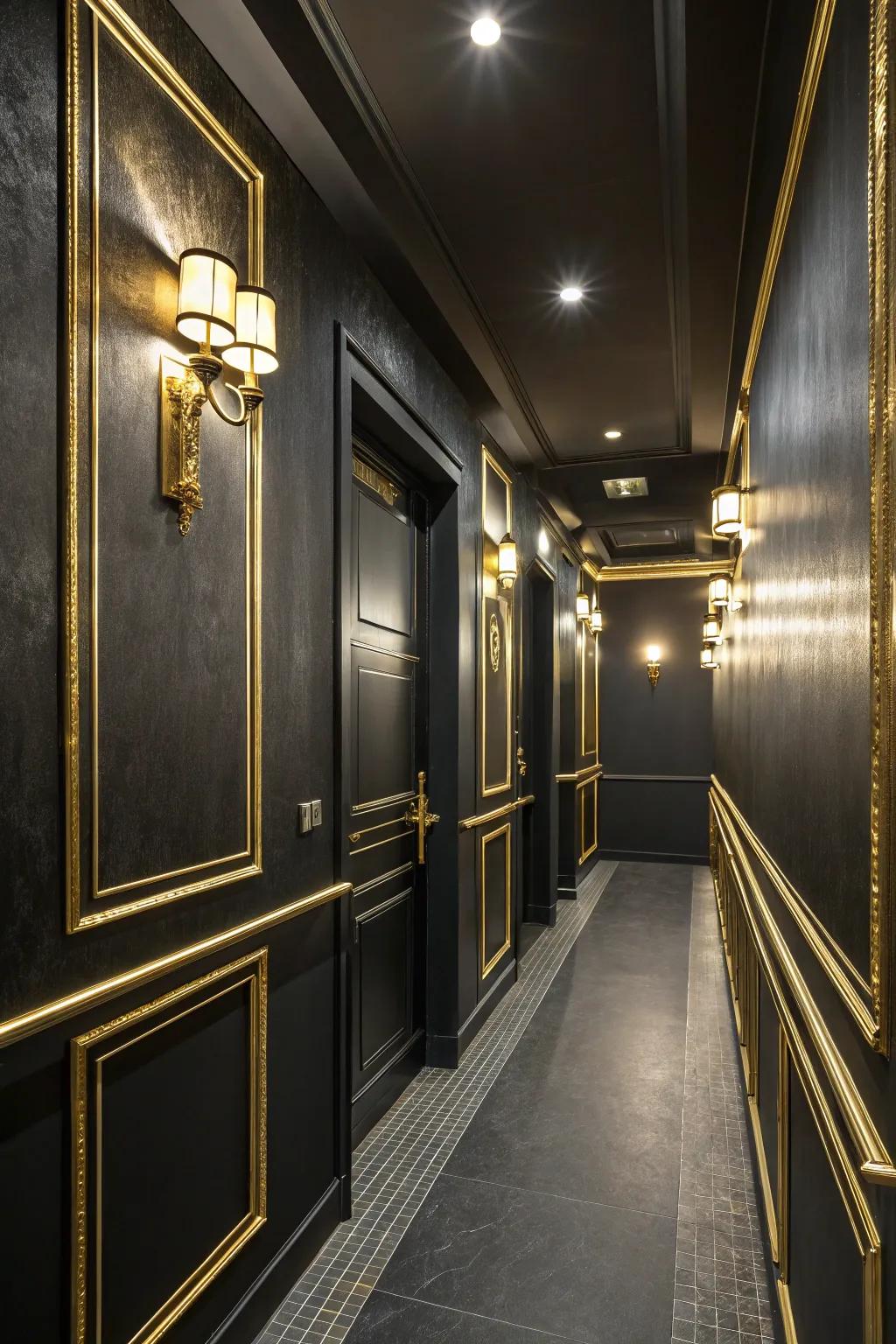 Metallic touches introduce glamor inside a dark entryway.
