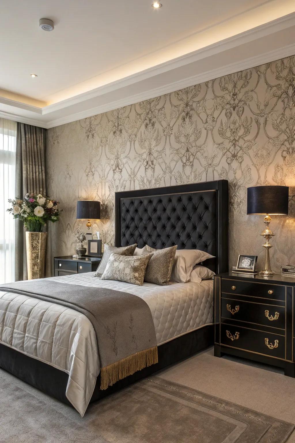 Sophisticated bedroom featuring a textured wall behind the dark headboard