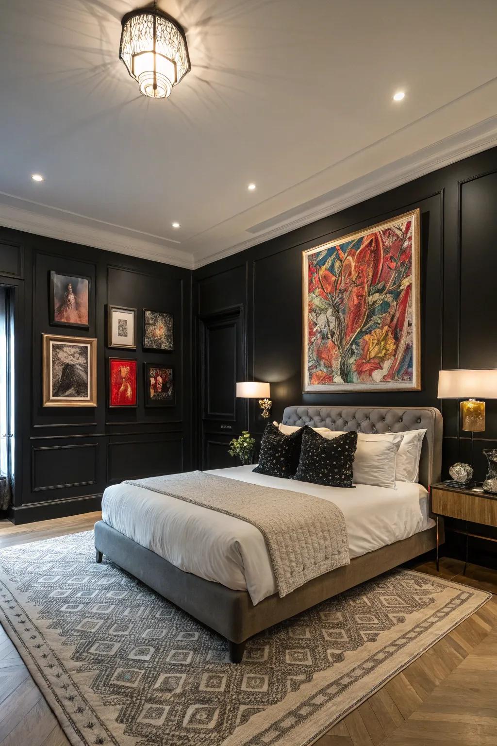 Artwork can append personal flair to your obsidian bedroom.