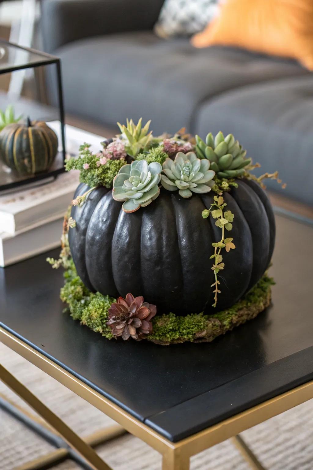 A black pumpkin with faux plant accents, blending nature with festive décor.