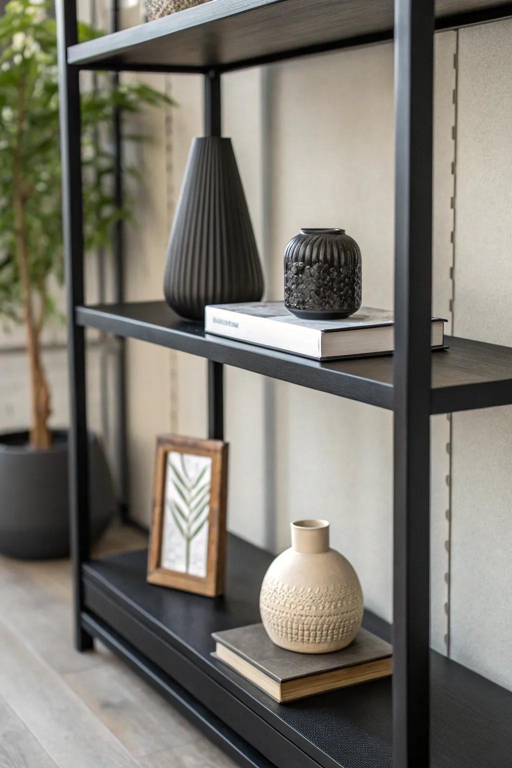 Strategic utilization of negative space on a dark shelf emphasizing simplicity.