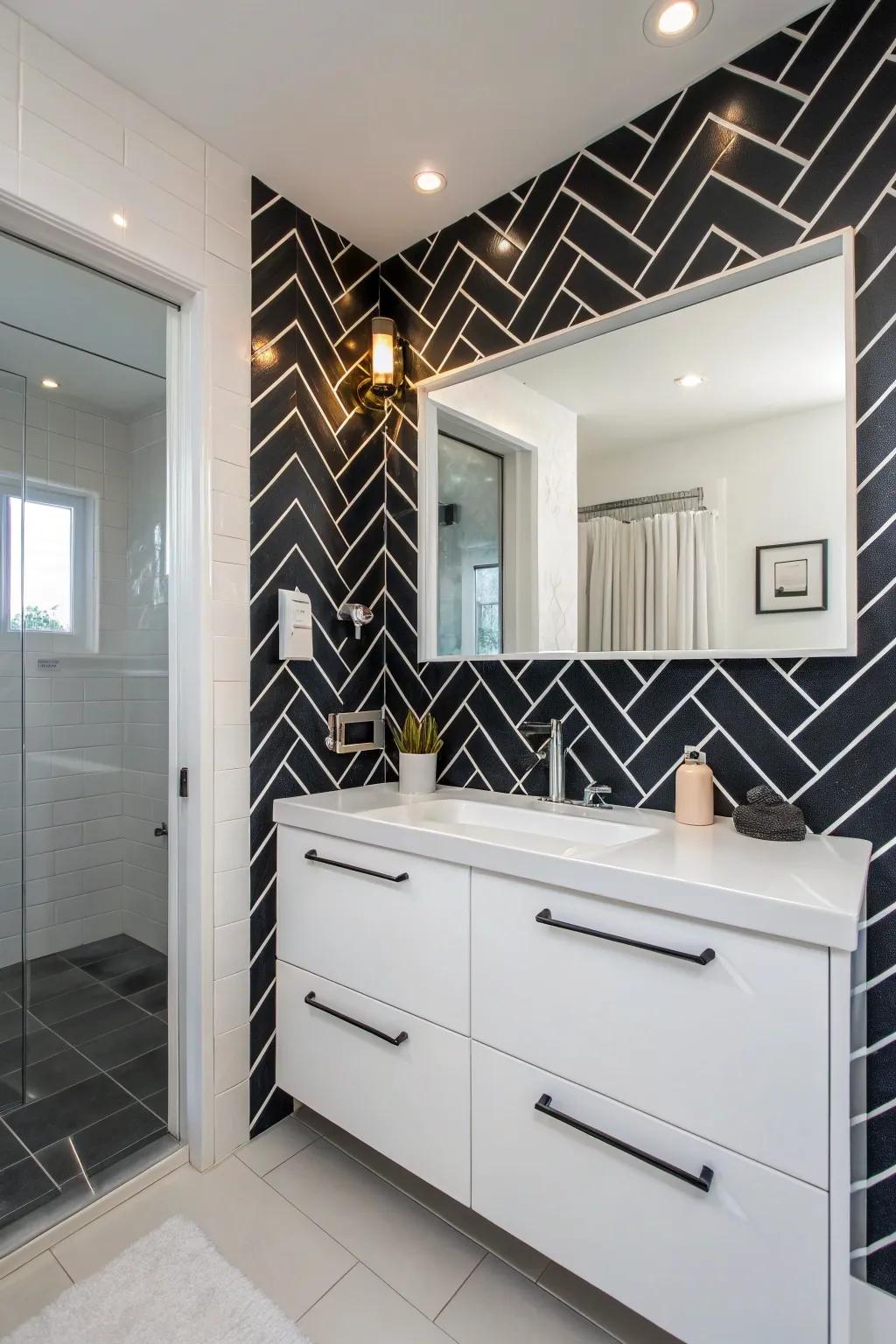 V boards in black create a striking and modern accent wall.