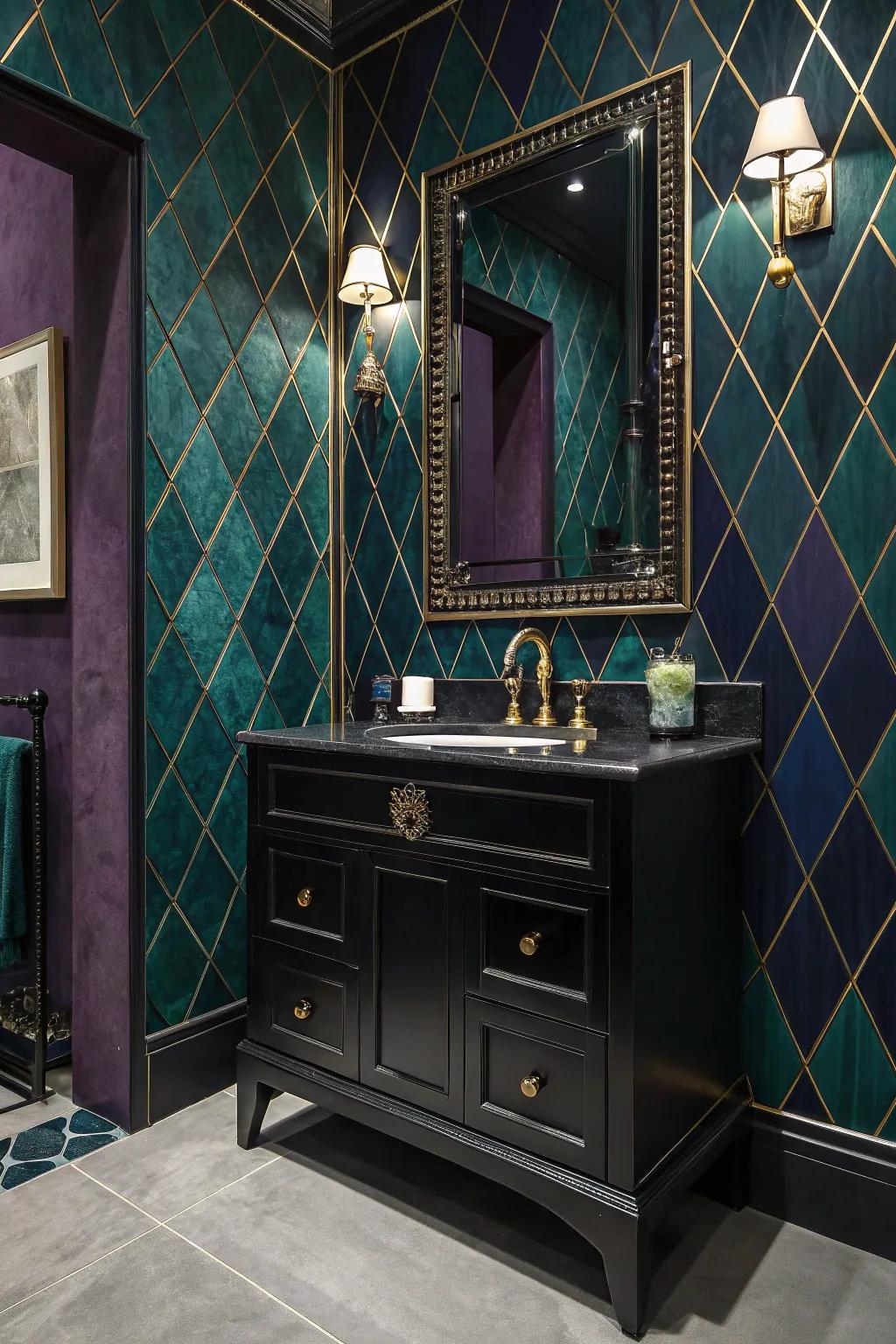 Gem-toned walls create a dramatic and elegant backdrop for a dark sink console.