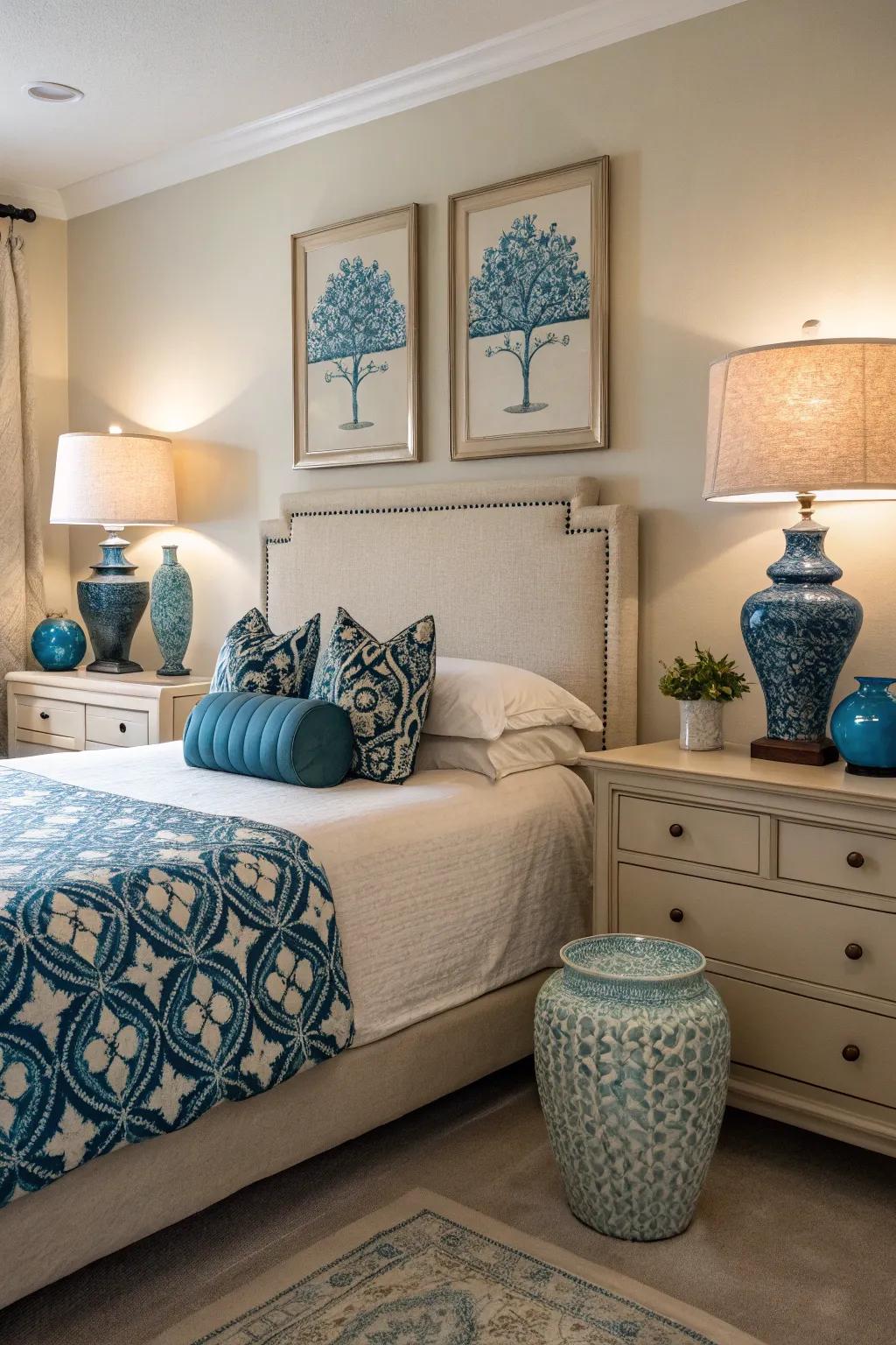 Beige with pops of blue introduces emphasis and flair to the decor.