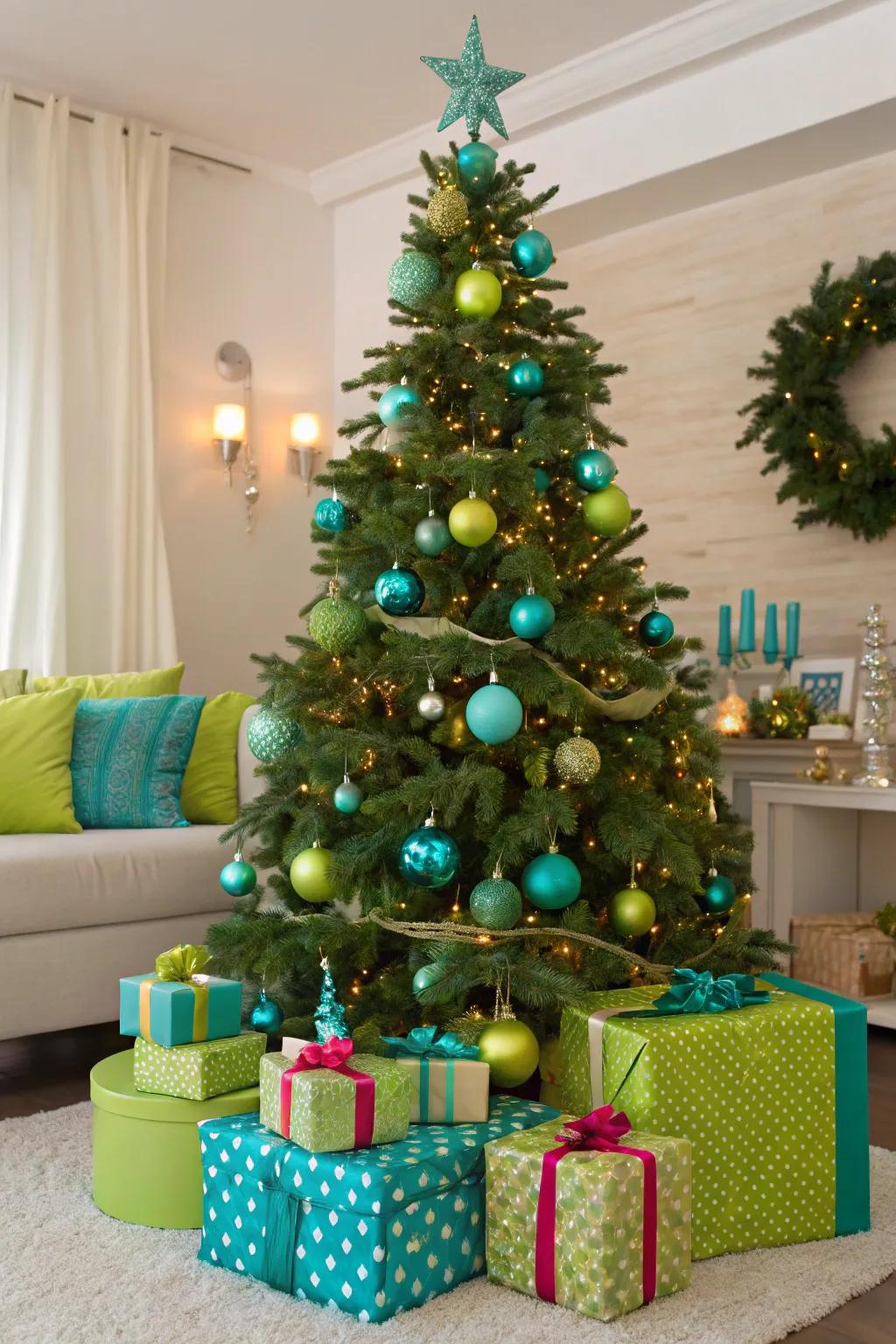 A teal and apple green tree injecting celebratory flair into your house.