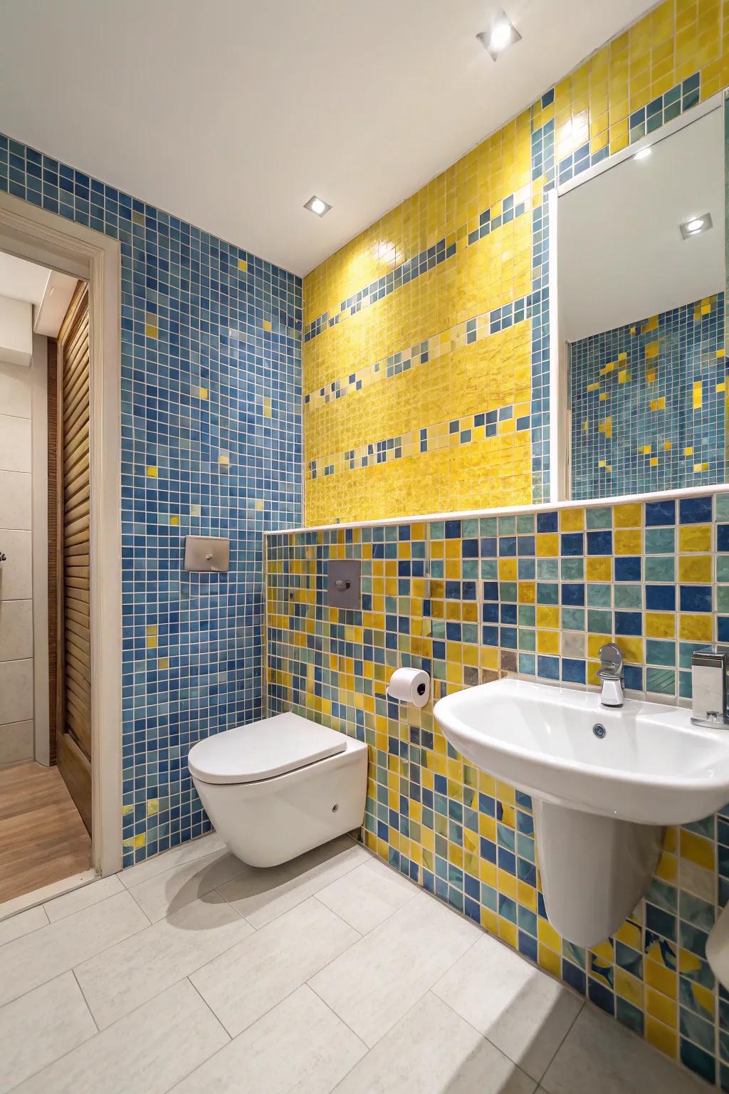 A mosaic feature wall adds artistic flair to the bathroom.