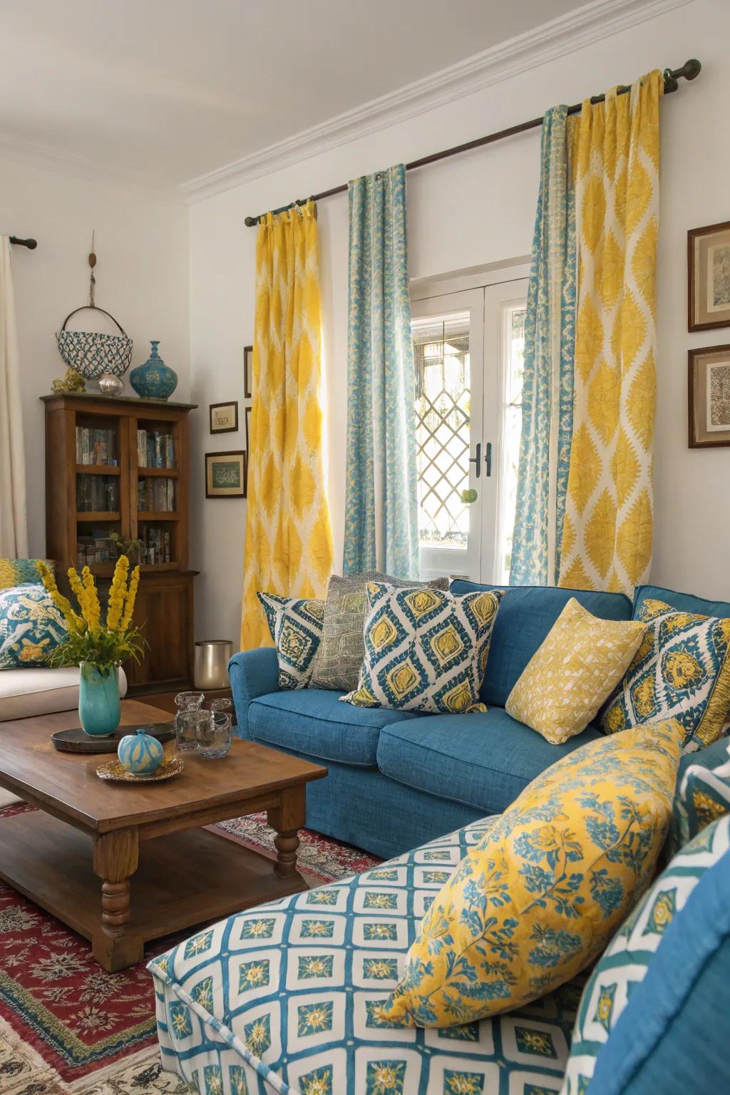 A mix of sea and lemon patterned textiles adding vibrancy to the space.