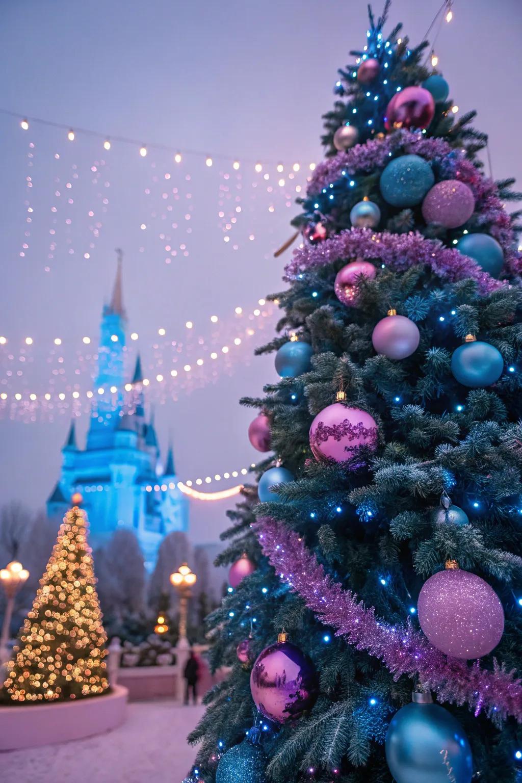 A playful and magical blue and pink Christmas tree.