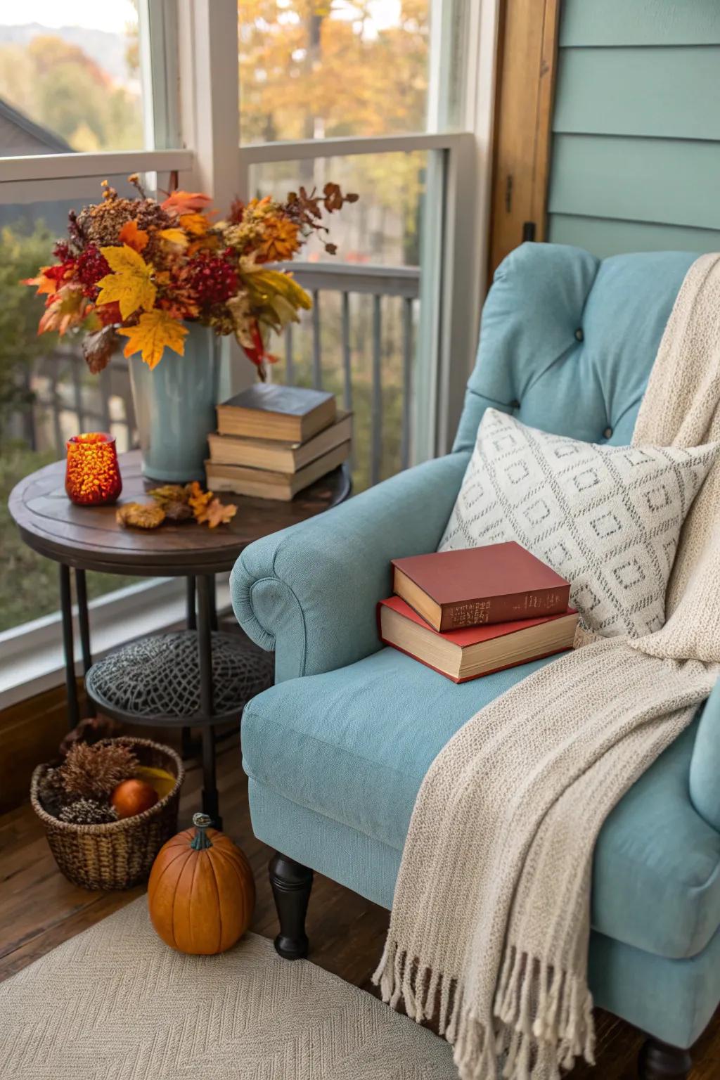 A charming reading nook with azure accents.