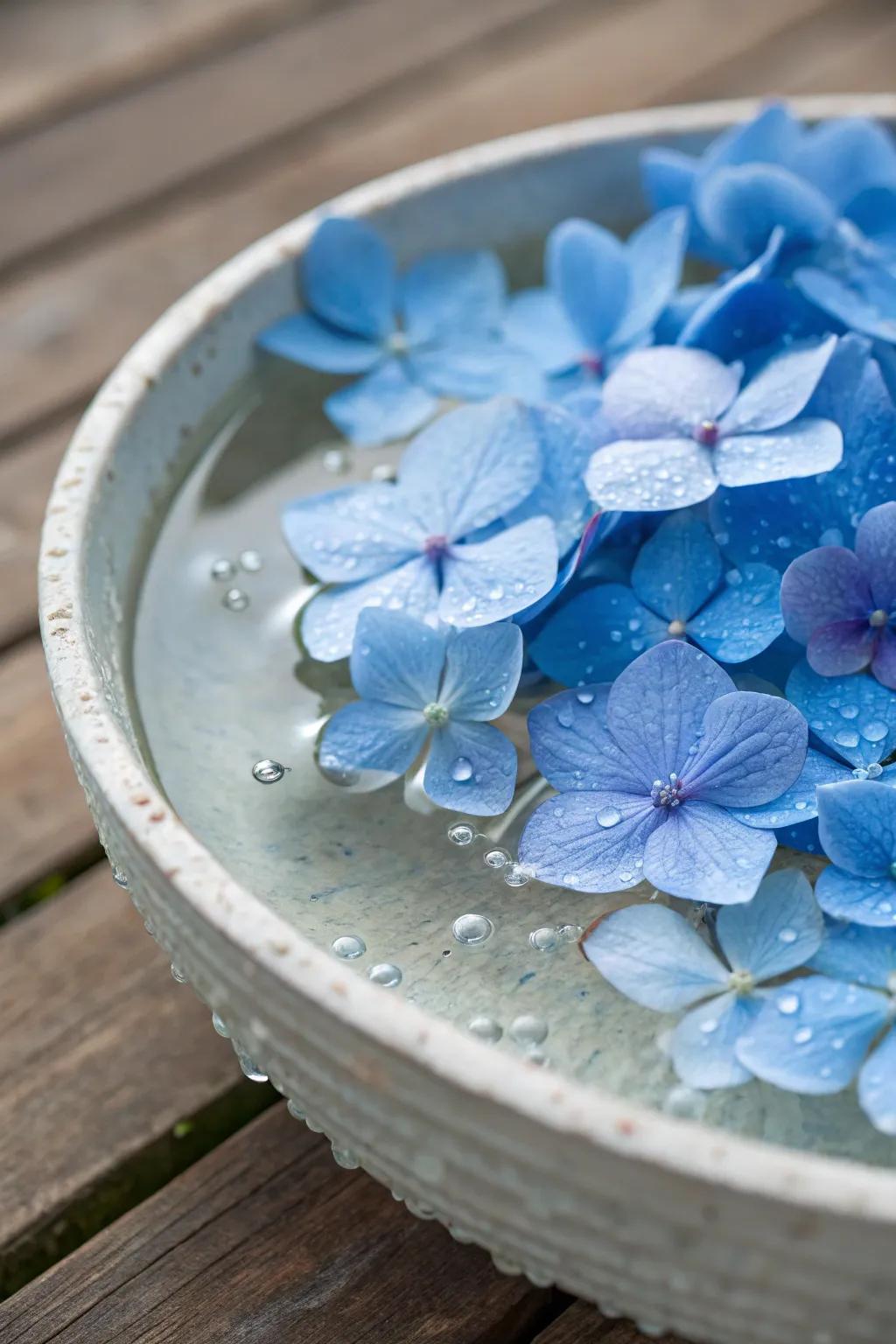 Floating hydrangea blooms fashion a unique centerpiece.