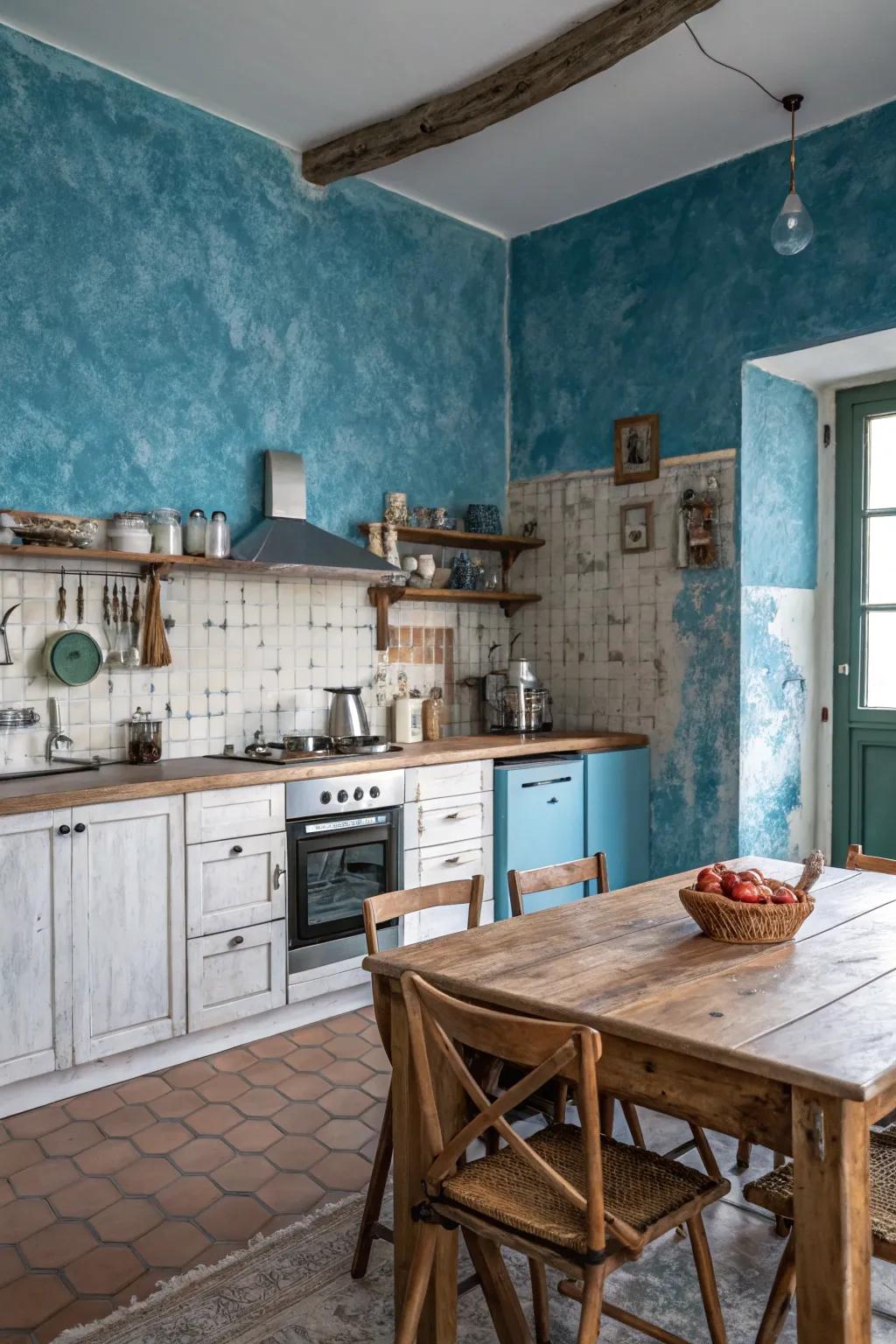 Textured azure walls introduce dimension to this kitchen.