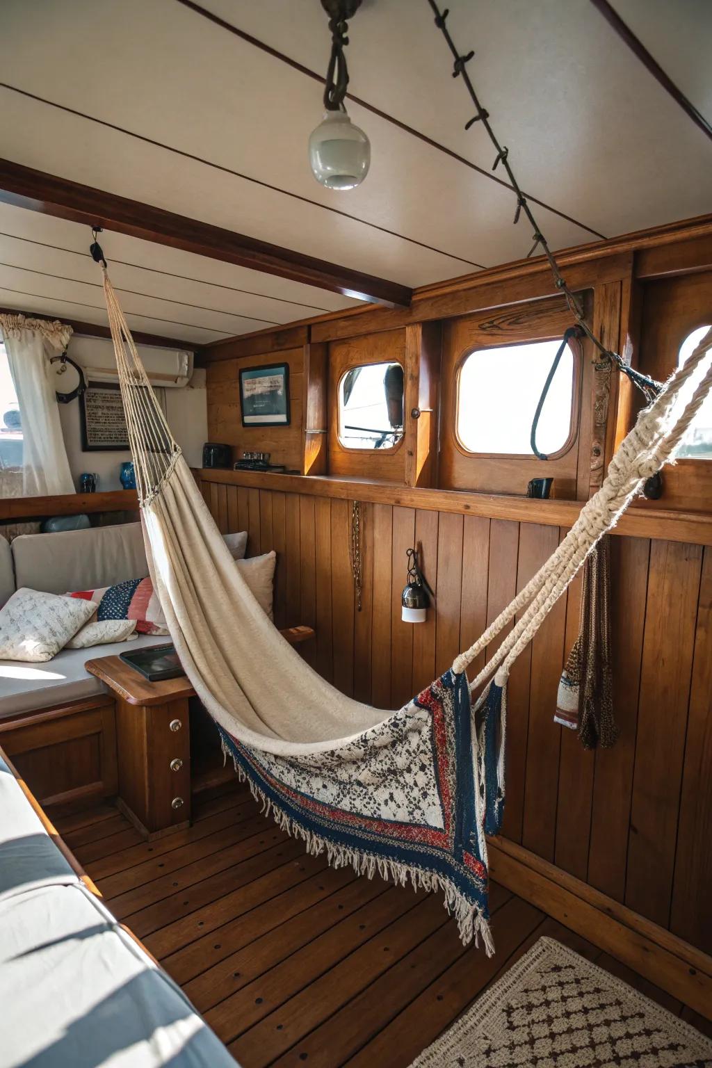 Nautical hammock situated in a boat's cabin.