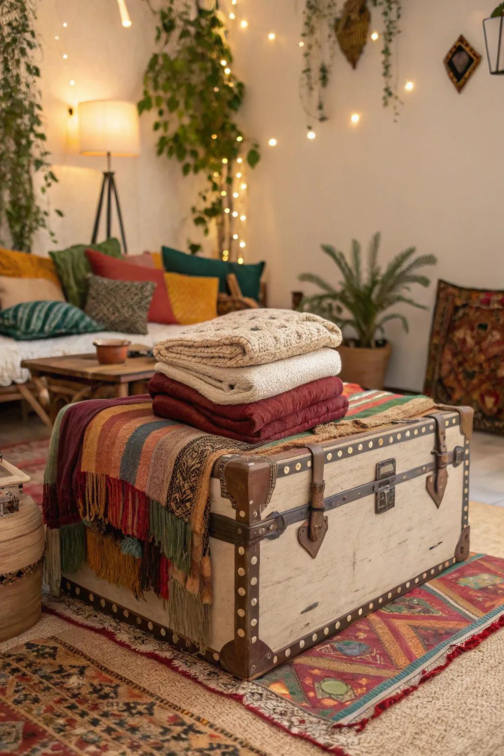 Layered textiles on chests fashion a snug and functional expanse.