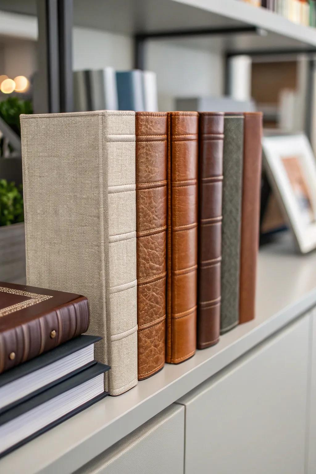 Textured book jackets add depth and interest.