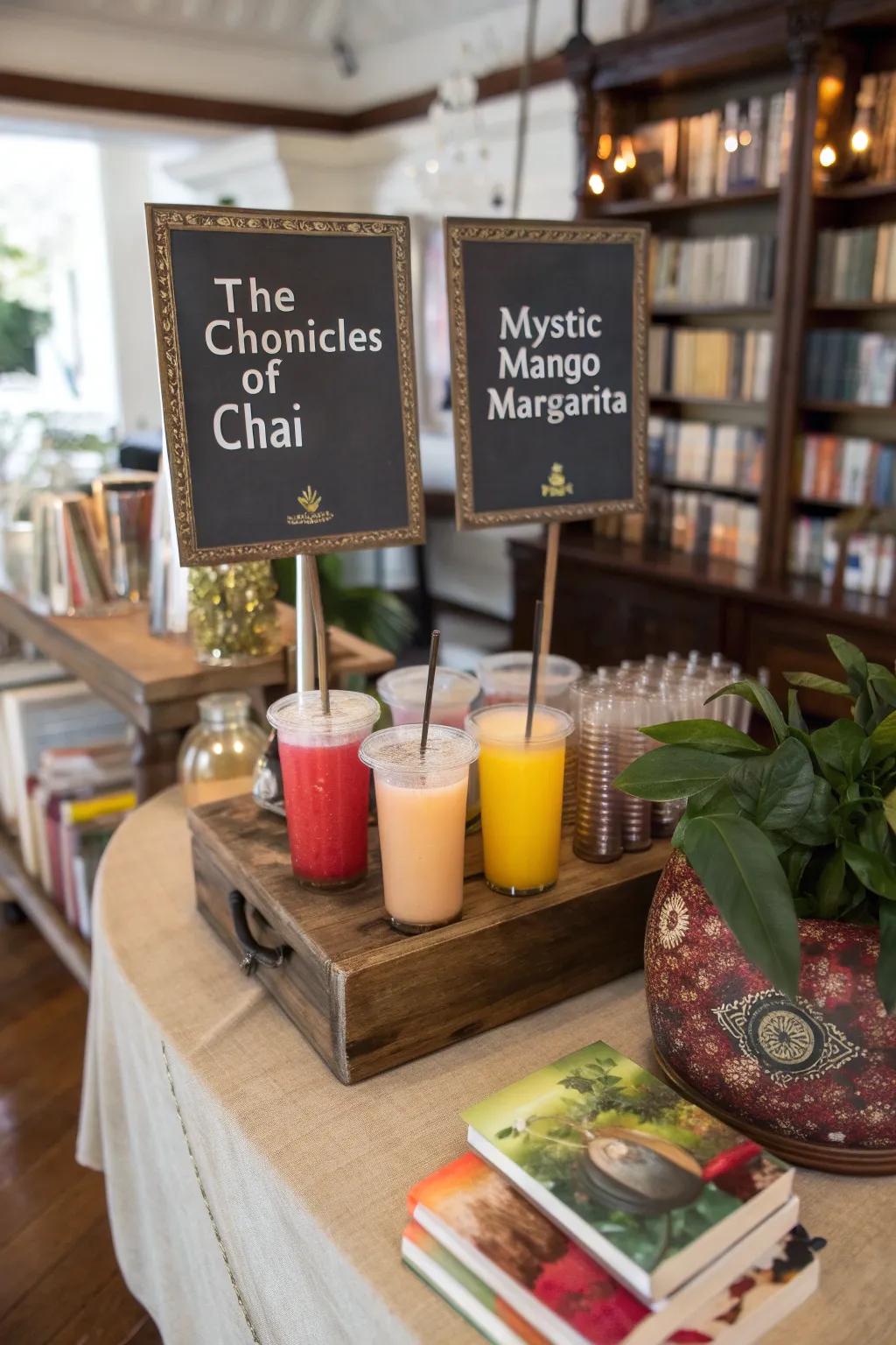 A drink bar featuring beverages inspired by literature.