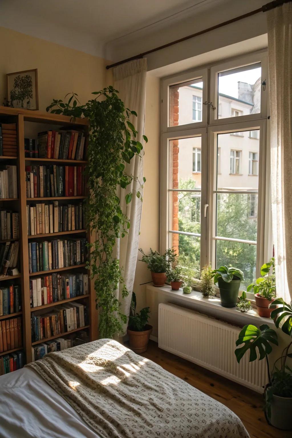 A picturesque bookcase design that outlines the window beautifully.