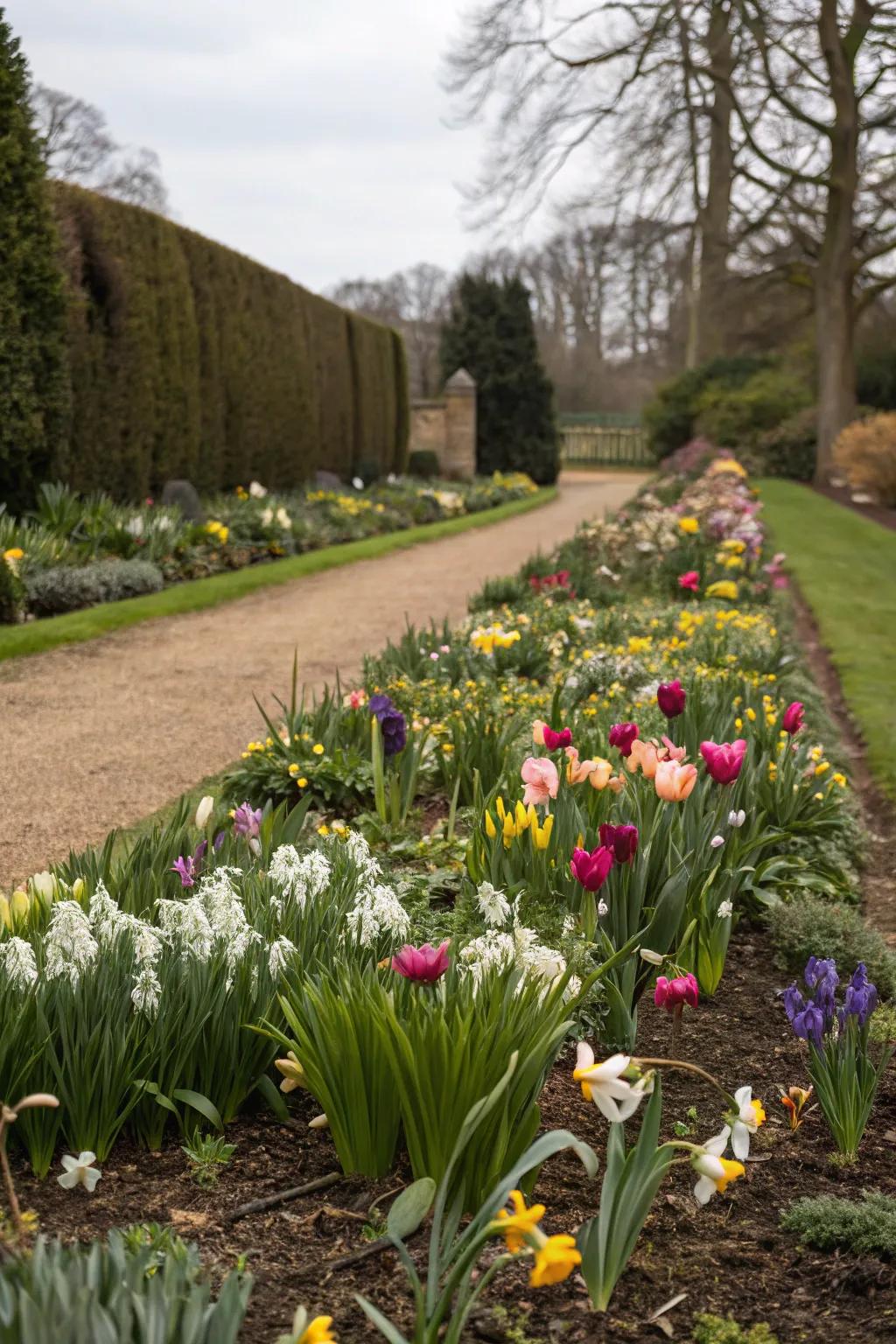 A vibrant spring bulb border in full bloom.