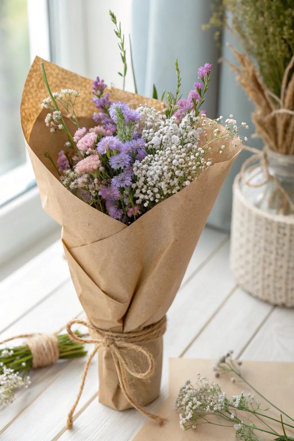 Enhance your bouquet with rustic elegance using a simple raw paper container wrap. Perfectly minimalist with a touch of Boho charm!