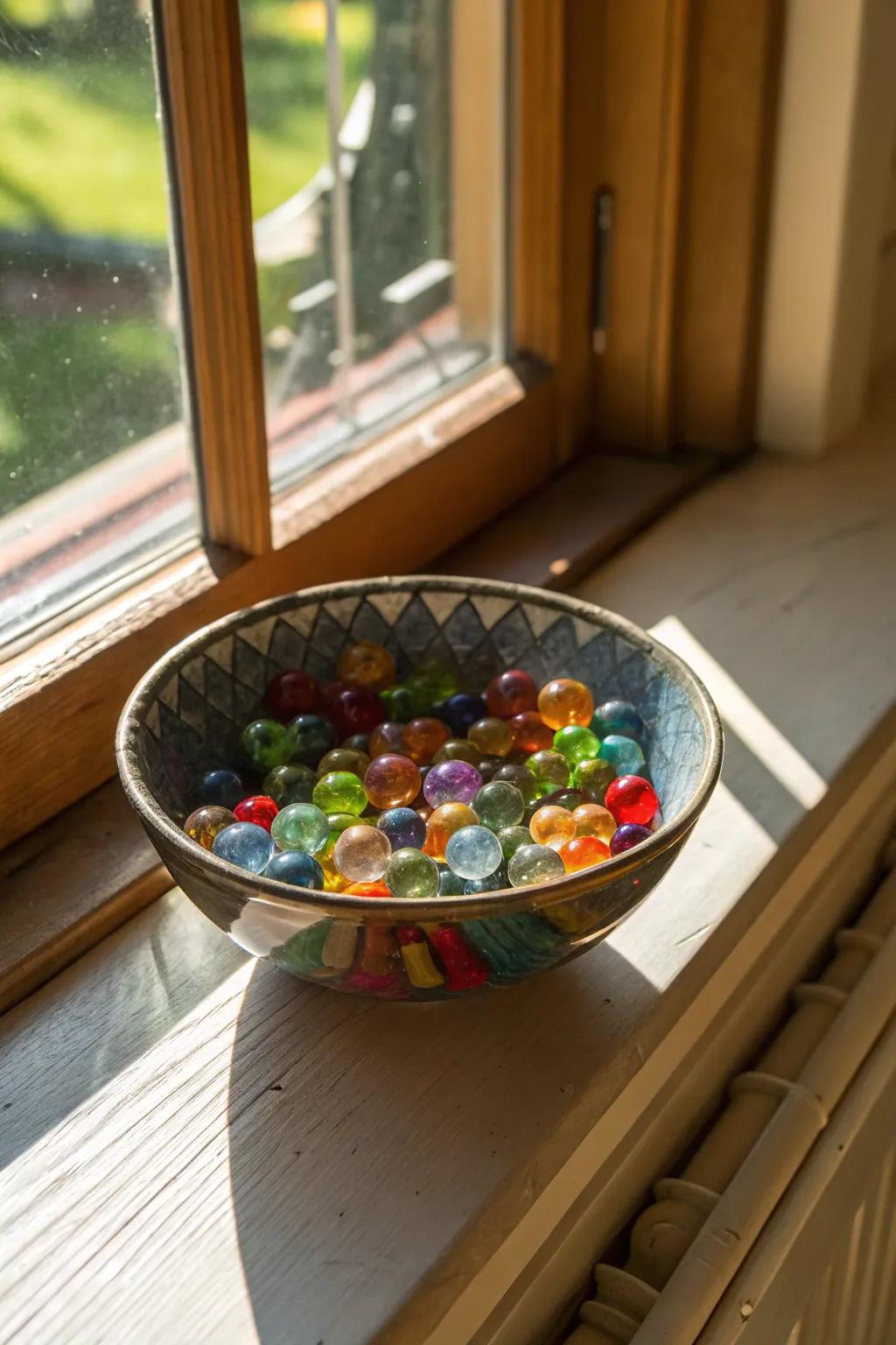 A decorative bowl filled with glass beads