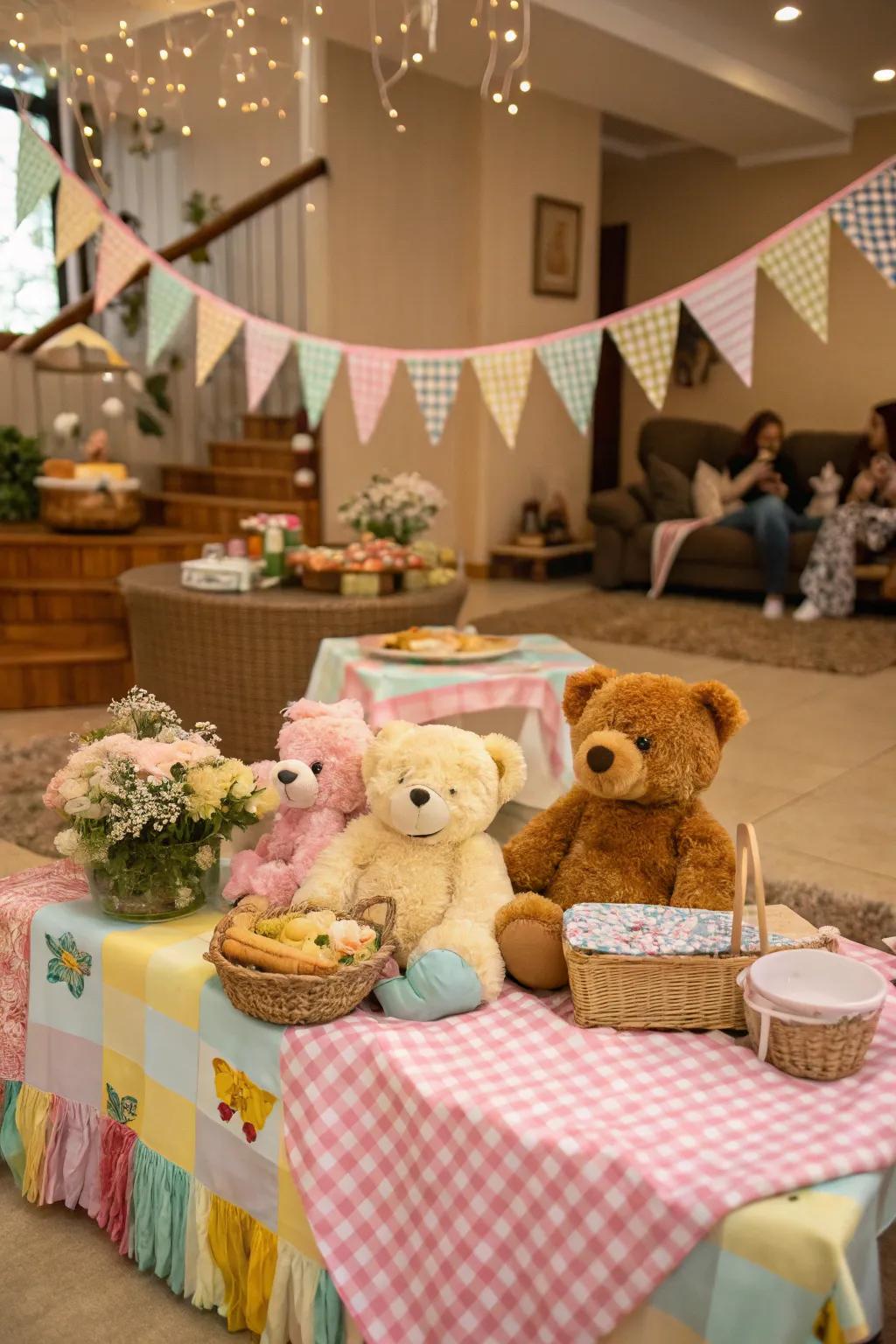 A cuddly bear-themed picnic baby shower featuring cozy items