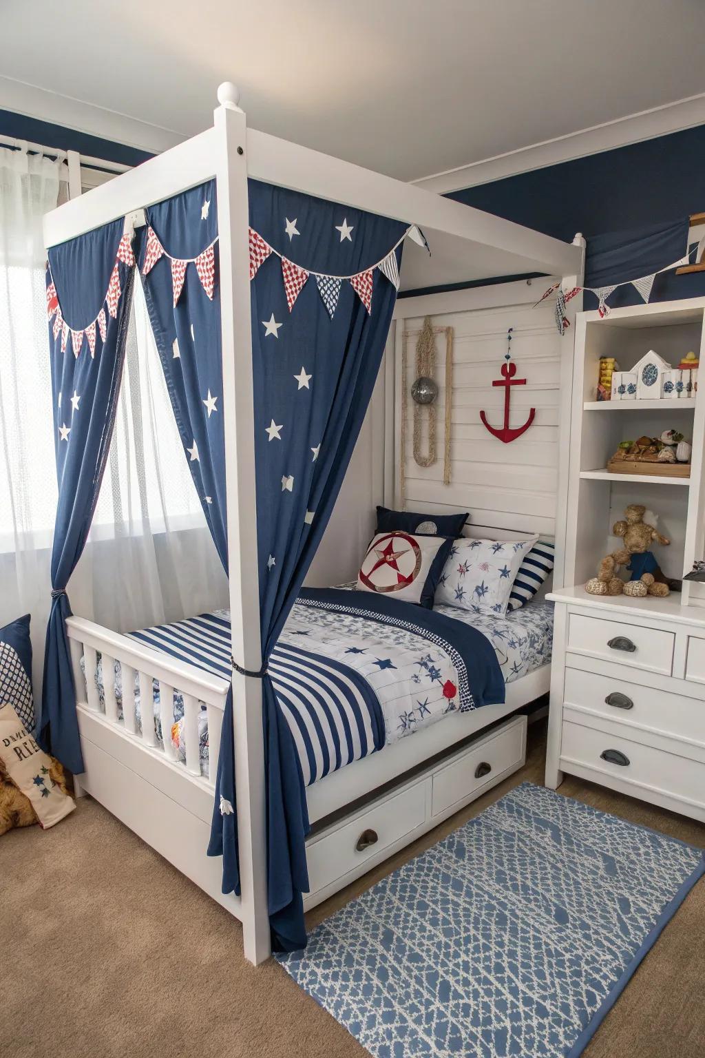 Sail into sweet reveries through this seafaring-themed four-poster bed.
