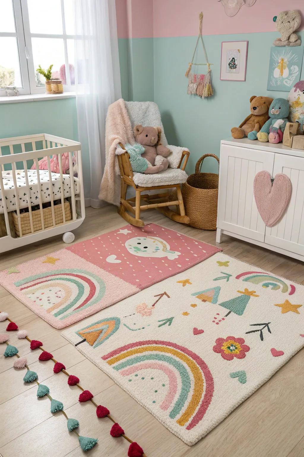 Playful carpets fashion a snug and lively floor space.