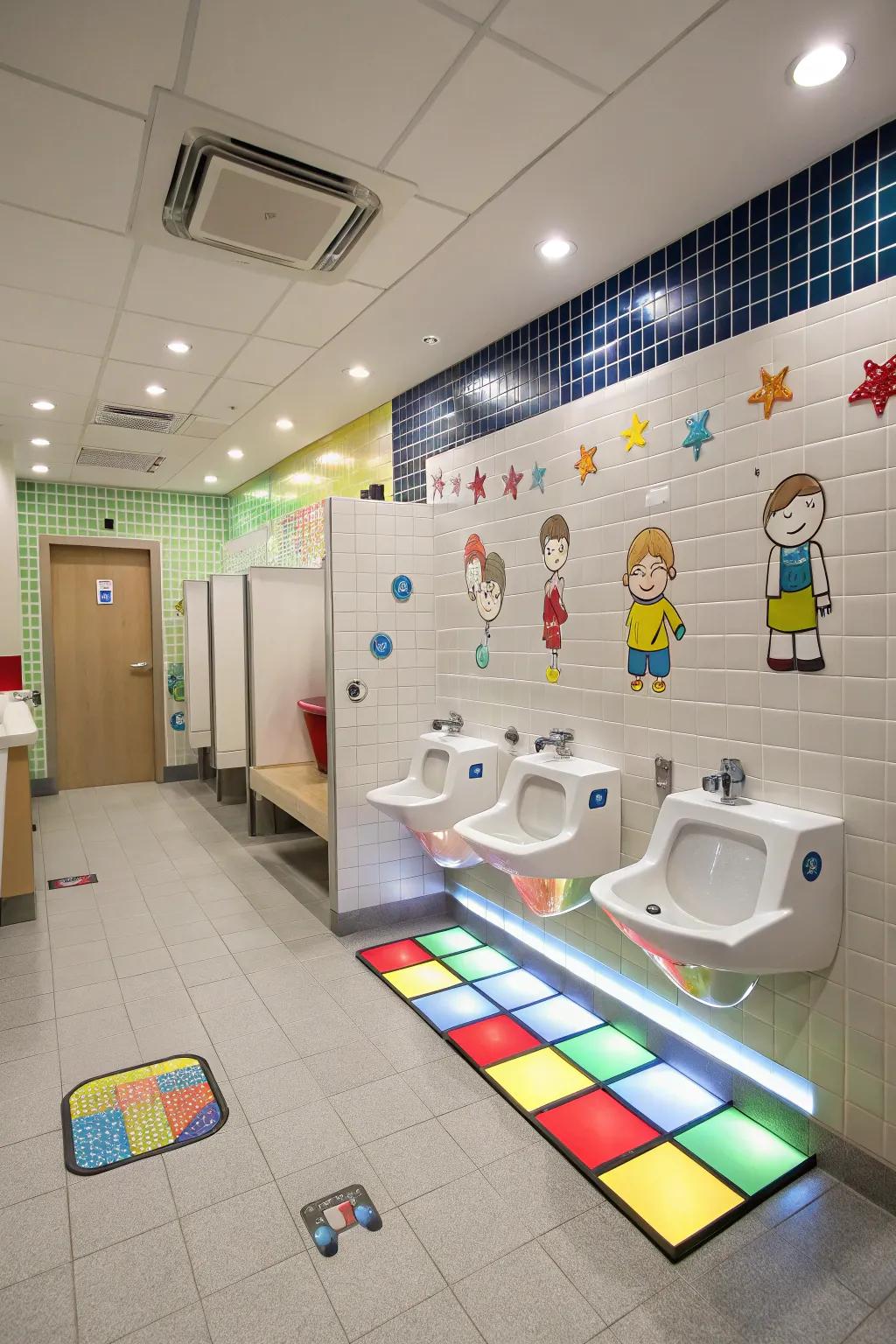 Interactive terrazzo facades establish a playful experience within a boys' bathroom.
