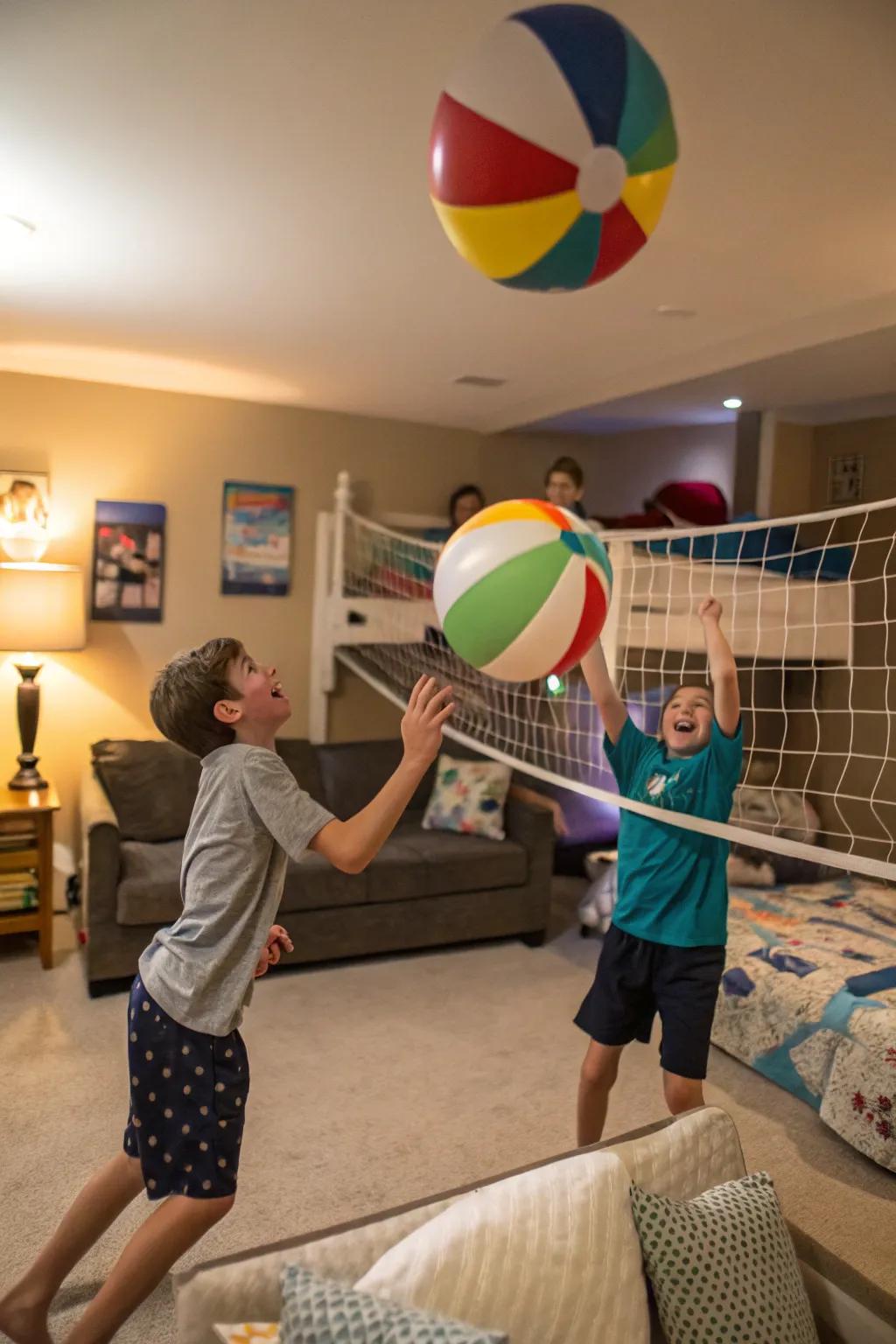 Balloon volleyball is an entertaining and active sleepover game.