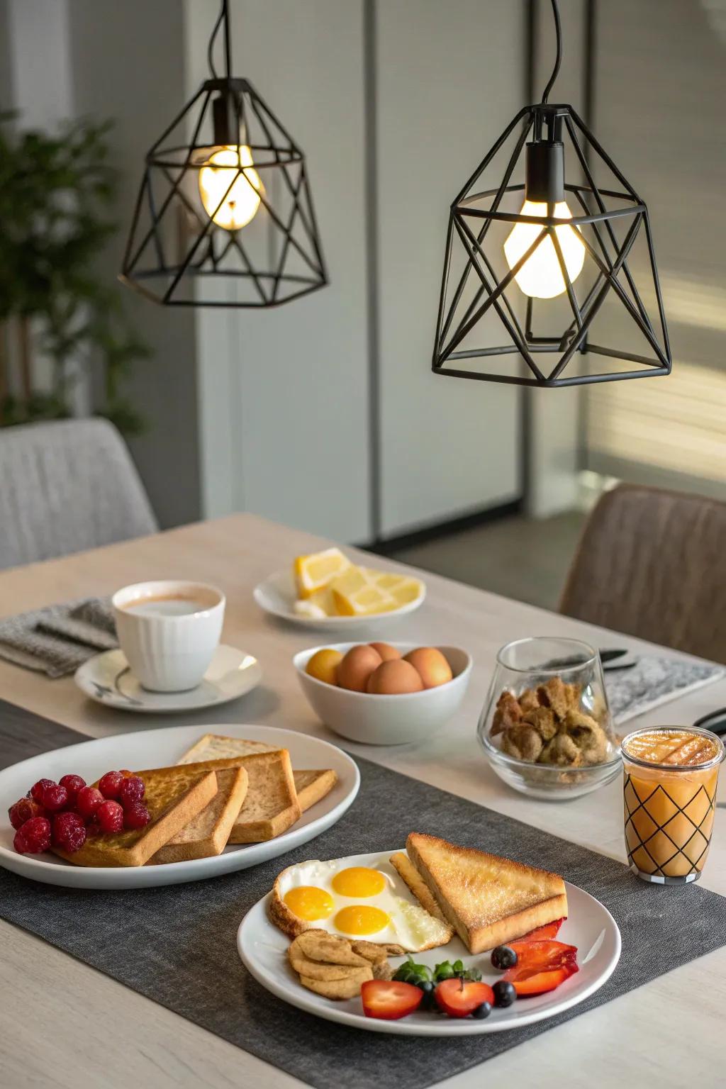 Shapely illumination fittings creating a modern sharpness in a breakfast space.