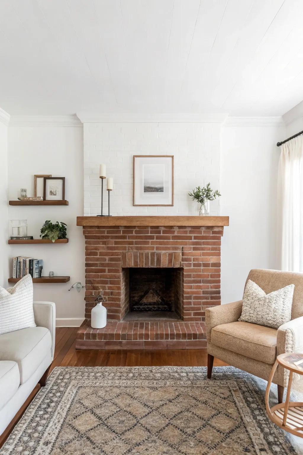 A minimalist brick hearth featuring subtle decor for understated elegance.
