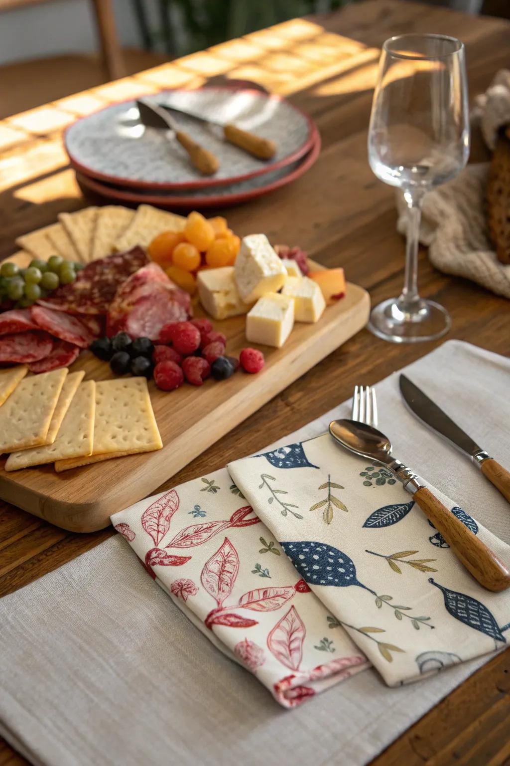 Coordinated linens and silverware enhance a cohesive touch.