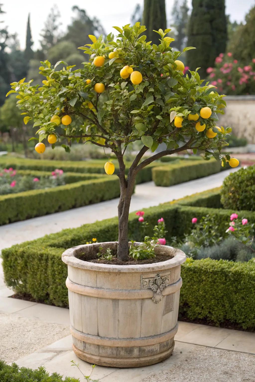The lemon is thriving inside a container, resulting in a fresh offering.